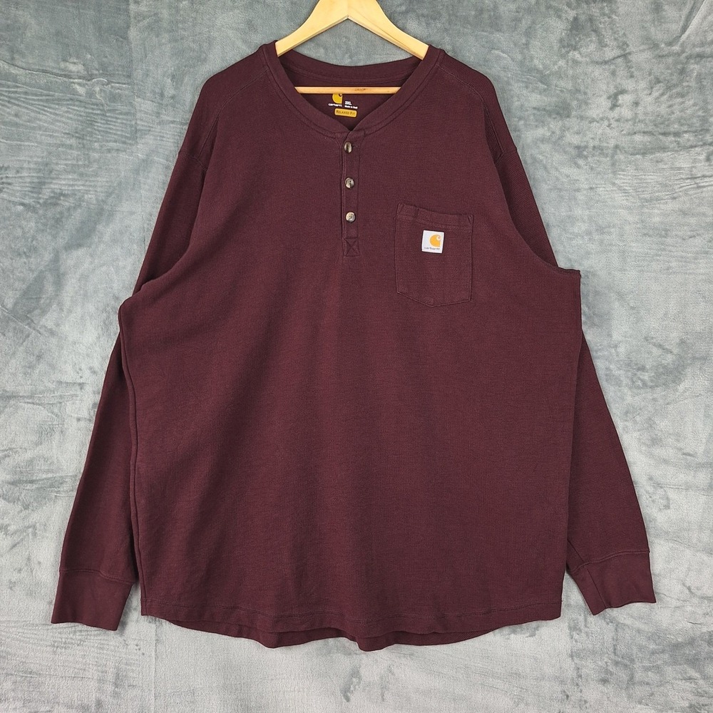 Carhartt Henley Shirt 3XL Red Thermal Waffle Knit Relaxed Fit Pocket‎ Workwear